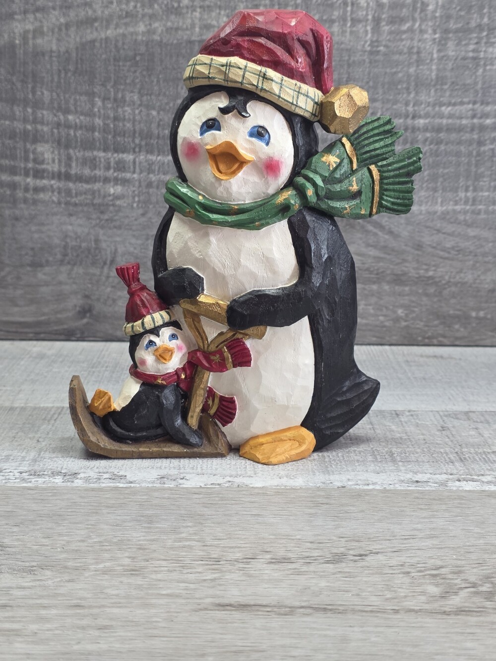Christmas Penguin W Baby Carved Wood Look Figurine 8" Rustic Country Bin 137
